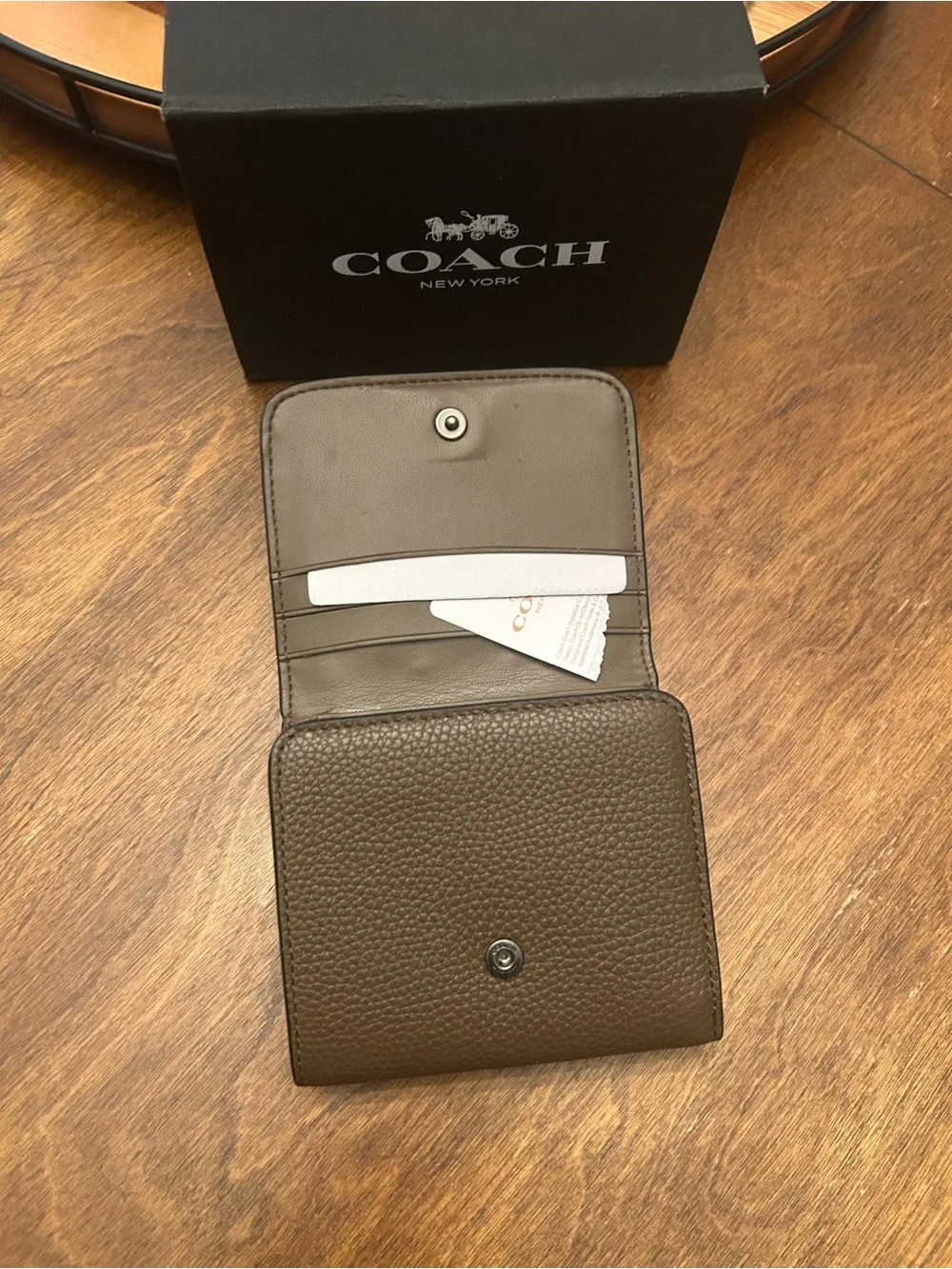 COACH Taupe/Brown Pebbled Leather Studded Compact Wallet